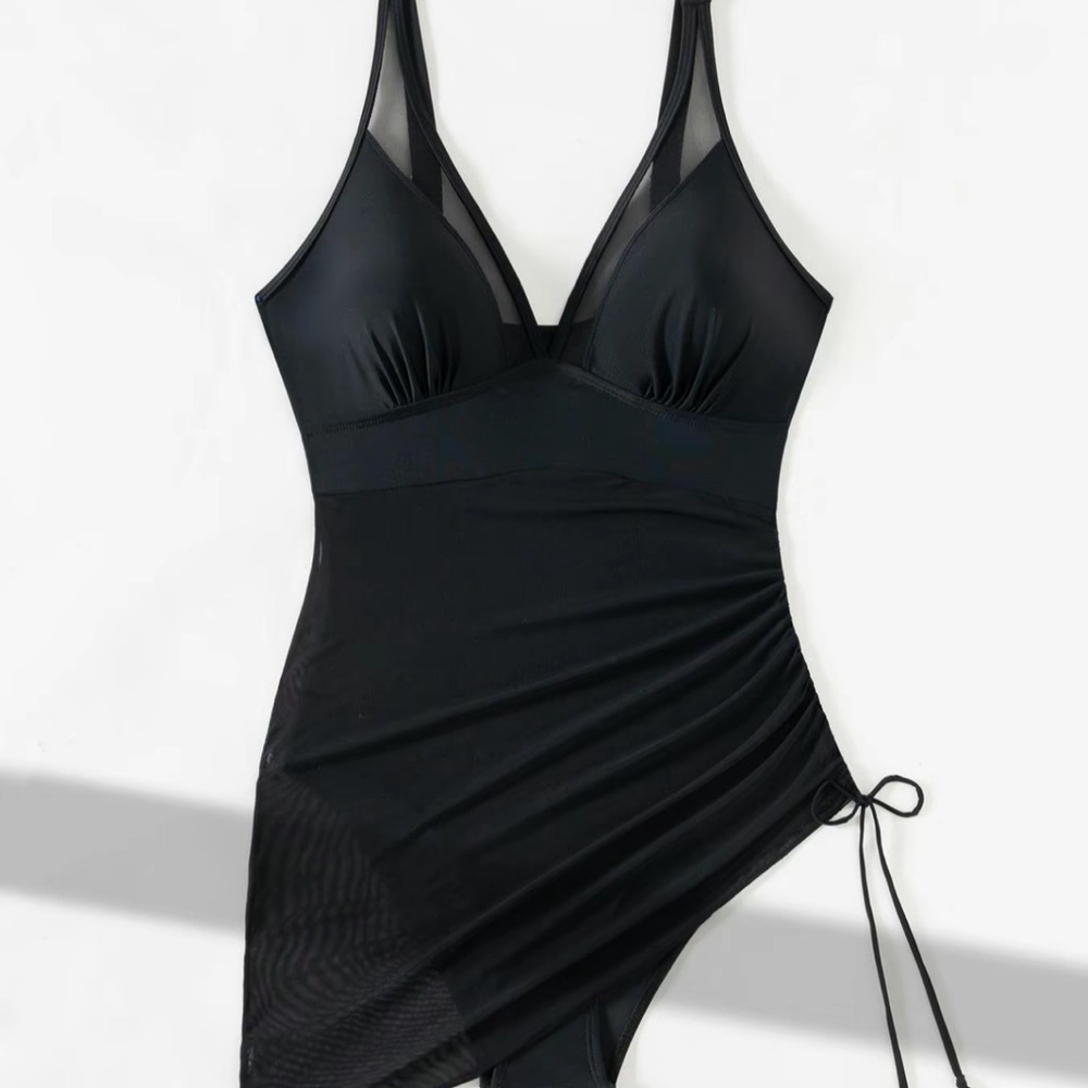 Black Mesh Swimsuit with Asymmetrical Skirt